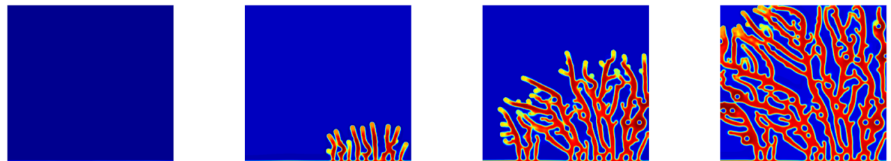 Four time steps of growing vessels starting from only one vessel.